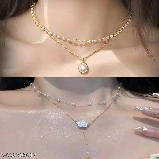 Aura Layered Pearl & Flower Pendant Necklace Combo – Minimalist Korean Aesthetic Duo