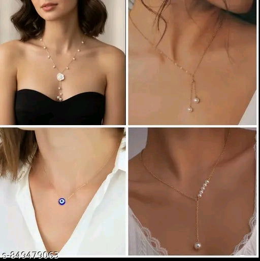 Premium Gold-Plated Y-Shaped Lariat & Evil Eye Pendant Necklace Combo (Pack of 4)