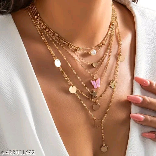 Zuri Bella Multi-Layered Boho Charm Necklace with Pink Butterfly & Pearl