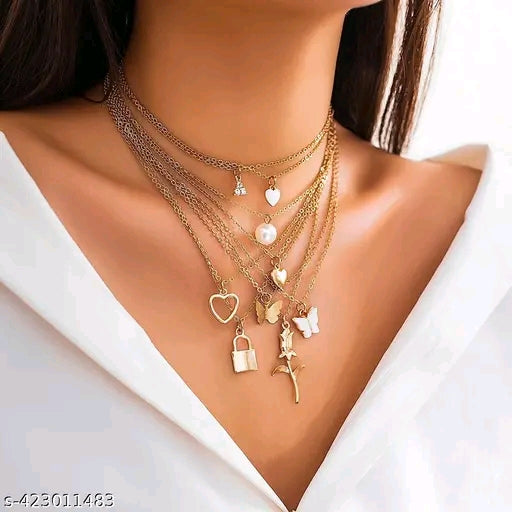 Amara Multi-Layered Romantic Charm Necklace with Rose & Pearl Accent