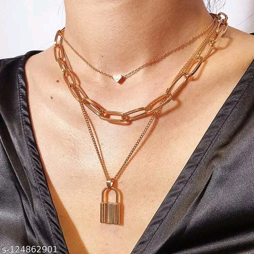 Zuri Streetwear Multi-Layered Paperclip Chain Necklace with Padlock & Heart