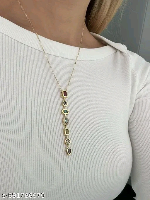 Seraphina Geometric Multi-Stone Long Pendant Necklace – Minimalist Gold Chain Jewelry