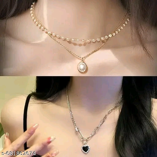 Aura Switch Layered Necklace Combo – Elegant Pearl Choker & Edgy Heart Chain Duo