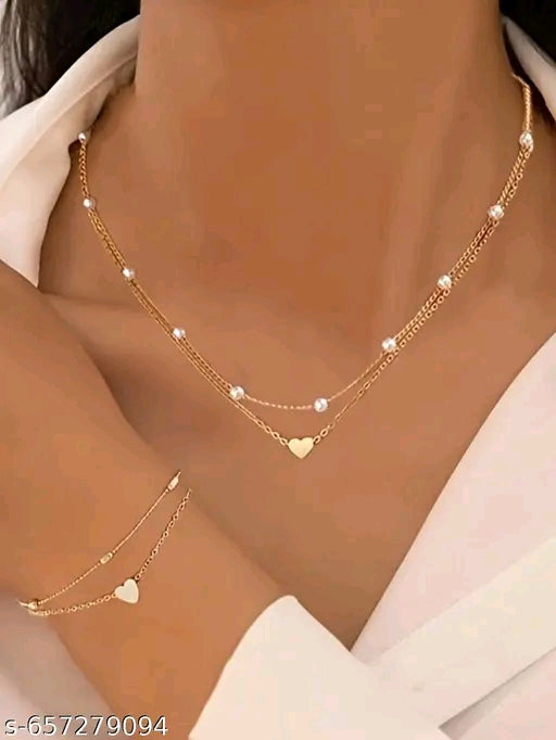Gold-Plated Double Layered Pearl & Heart Pendant Necklace for Women & Girls