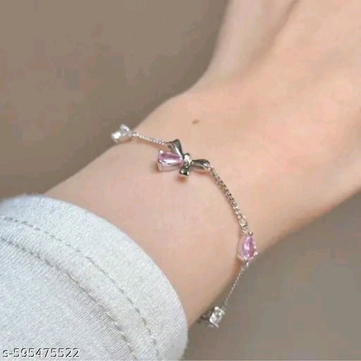 Elegant Silver Plated Pink Stone Bow Bracelet for Women & Girls