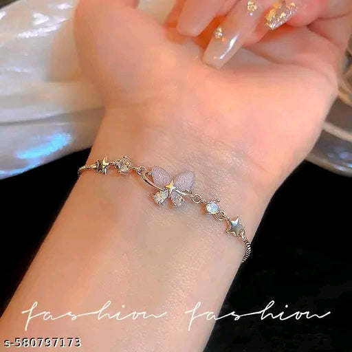 Charming Silver-Plated Frosted Butterfly and Star Adjustable Bracelet