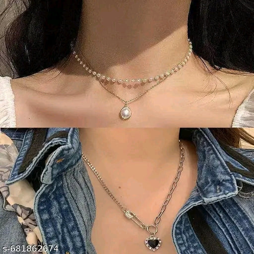 Aura Switch Layered Necklace Combo – Elegant Pearl Choker & Edgy Heart Chain Duo